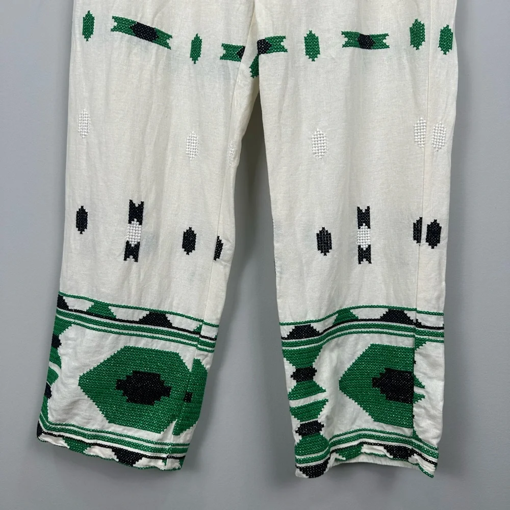 Zara White Embroidered Linen Blend Pants Trousers Size Large